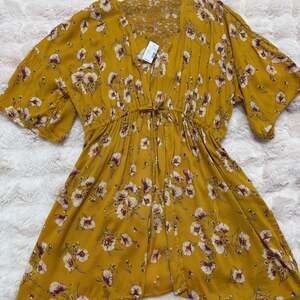 NWT Maurices Mustard Floral Print Crochet Back Tie Front Kimono Cardigan Top